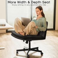 PUKAMI Criss Cross Chair with Wheels,PU Leather Armless Cross Legged Office Vanity Desk Chair for Home Office,Modern Swivel Height Adjustable Wide Seat(Black) - Image 3