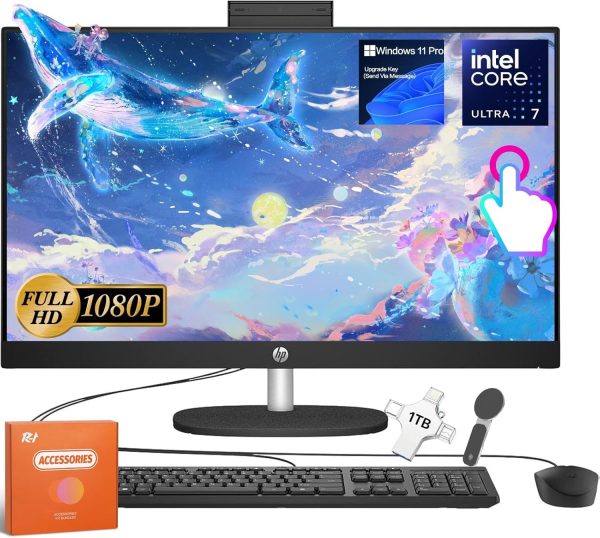 HP All in One Desktop Computer Touchscreen, 27 Inch FHD IPS Anti-Glare Screen, Intel 12-core Ultra 7 155U, Intel IrisX GPU, 64 GB DDR5, 4 TB SSD, Wi-Fi 6, USB Drive, Windows 11 Pro, w/Accessories