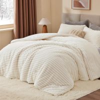 BEDELITE Fleece Queen Comforter Set -Super Soft & Warm Fluffy Cream White Bedding, Luxury Fuzzy Heavy Bed Set for Winter with 2 Pillow Cases - Image 3