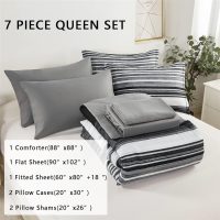 KAKIJUMN 7 Piece Bed in a Bag Stripe Comforter Set Queen Size, White Grey Black Patchwork Striped Comforter and Sheet Set, All Season Soft Microfiber Complete Bedding Sets(Grey,Queen) - Image 2