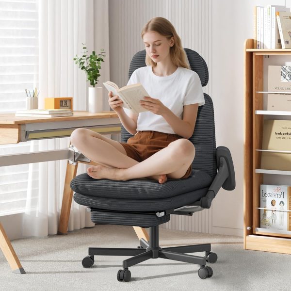 Criss Cross Chair with Wheels & Flip-up Arms, Executive Office Chair with Foot Rest, Swivel Cross Legged Office Chair, Corduroy Fabric Comfy Computer Desk Chair, Vanity Chair for Home, Black