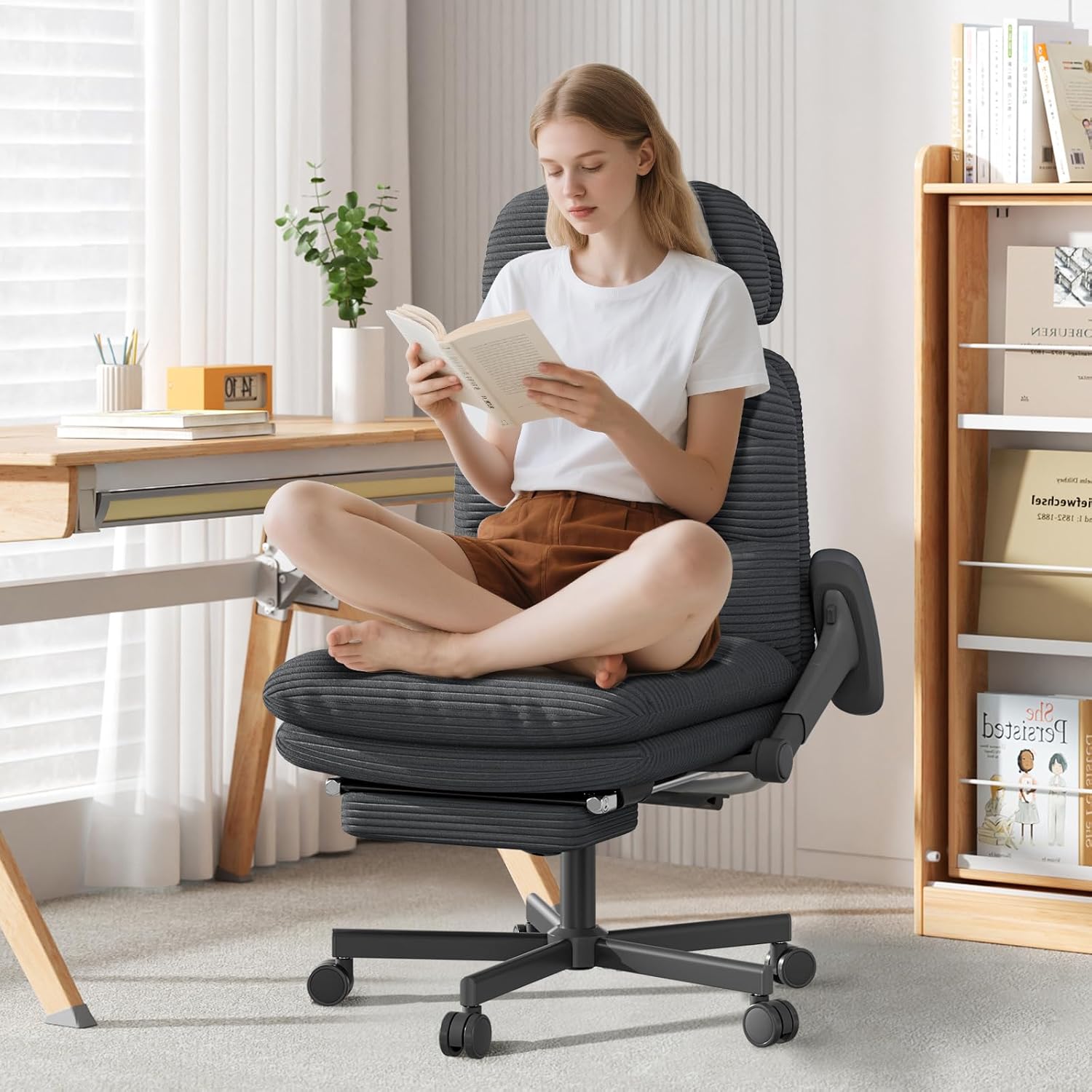 Criss Cross Chair with Wheels & Flip-up Arms, Executive Office Chair with Foot Rest, Swivel Cross Legged Office Chair, Corduroy Fabric Comfy Computer Desk Chair, Vanity Chair for Home, Black
