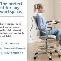 DUMOS Drafting Chair - Ergonomic Tall Office for Standing Desk, Counter with Height Adjustable and Comfortable Lumbar Support, Fixed Armrests, Grey - Image 5