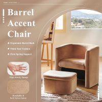 COLAMY Upholstered Velvet Barrel Accent Chair with Storage Ottoman, Morden Living Room Chair with Lounge Seat for Bedroom/Reading Spaces, Khaki - Image 4