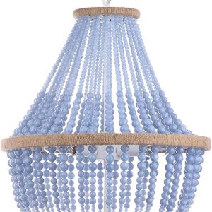 SAFAVIEH Lighting Collection Lush Kristi Boho Farmhouse Blue 17-inch Diameter 3-light Beaded Adjustable Hanging Pendant Light Fixture with Tassel (LED Bulbs Included)