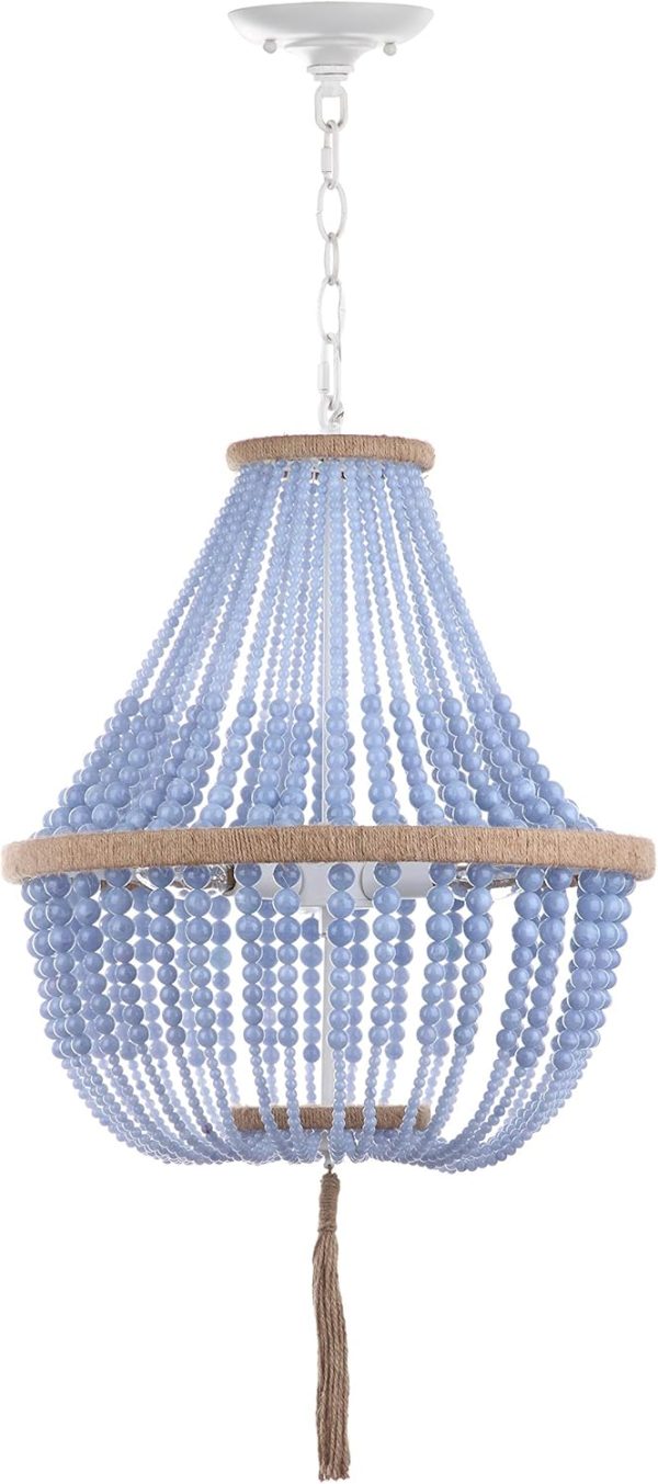 SAFAVIEH Lighting Collection Lush Kristi Boho Farmhouse Blue 17-inch Diameter 3-light Beaded Adjustable Hanging Pendant Light Fixture with Tassel (LED Bulbs Included)