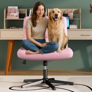 Criss Cross Chair with Wheels, Pink Armless Legged Office Desk Chair Wide Seat, Leather Comfortable Adjustable Swivel Computer Task Vanity Chairs for Home Office