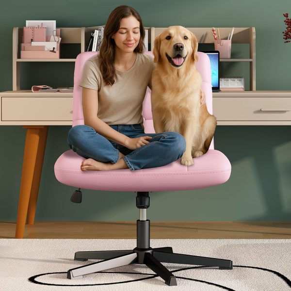 Criss Cross Chair with Wheels, Pink Armless Legged Office Desk Chair Wide Seat, Leather Comfortable Adjustable Swivel Computer Task Vanity Chairs for Home Office
