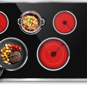 36 Inch Electric Cooktop, 5 Burner Electric Stove Top 8400W, 36" Ceramic Stove with Knob Control, Over-Temperature Protection, Dual Ring Zone, 220-240V Hard Wired (No Plug)