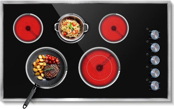 36 Inch Electric Cooktop, 5 Burner Electric Stove Top 8400W, 36" Ceramic Stove with Knob Control, Over-Temperature Protection, Dual Ring Zone, 220-240V Hard Wired (No Plug)