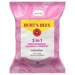 Burt’s Bees Micellar Rose Water Facial Towelettes, 100% Plant Based Cloth; 99% Natural Origin; Remove Makeup, Cleanse, Hydrate; No Greasy, Oily Residue; All Skin Types (Pack May Vary)