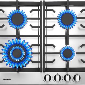 24 inch Gas Cooktop, 4 Burners Bulit-in Gas Stove 27400BTU with Thermocouple Protection,Easy Knob Control,NG/LPG Convertible Stainless Steel Easy Clean for Kitchen