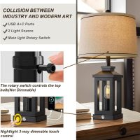 23.75" Retro Farmhouse Black Table Lamp for Living Room Bedroom Nightstand Single Pack Touch Control Bedside Nightlight Vintage Modern Lamp with USB C+A Ports and 2 Light Sources - Image 5