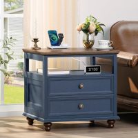 Farmhouse Nightstand Set of 2 with Charging Station, 24" Wide End Table with 2 Drawers,Wood Dresser for Bedroom,Bed Side Table Chest of Drawers Cabinet,Navy BlueNight Stand for Living Room - Image 7