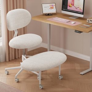 Ergonomic Cross Legged Office Chair with Wheels, ADHD Chair for Adults, Meditation Chair, Yoga Office Chair, Comfortable Back Support, Height Adjustable,Small Spaces, Teddy Fabric, White