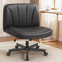 FelixKing Criss Cross Chair with Wheels, Cross Legged Office Chair, Armless Wide Vanity Desk Chair with Comfty PU Leather & Back - Swivel Height Ajustable for Home Office Bedroom, Black - Image 9