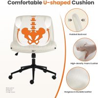 Criss Cross Chair Armless Computer Task Chair, Wide Comfty Swivel Fabric Height Adjustable Vanity Chair w/Replaceable Wheels/Fixed Base/Padded, Beige Leather - Image 4