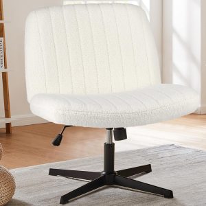 Criss Cross Chair, Cross Legged Office Chair, Wide Comfty Desk Chair, No Wheels Armless Computer Task Chair, Swivel Teddy Fabric Vanity Home Chair, Height Adjustable