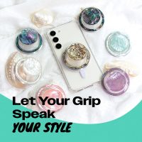 OnTheGrip Cute Natural Seashell Design Round Shape Collapsible Mobile Phone Grip Stand Holder for Smartphone Tablet Cell Phone Accessory (Black Fresh Water) - Image 3