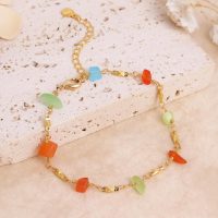 Gold Plated Blue Green Red Natural Stone Chain Link Bracelets for Women, Dainty Adjustable Bracelet Summer Festival Jewelry Gift - Image 3