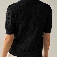 Imily Bela Women's Cable Short Sleeve Sweaters Tops Solid Lapel V Neck Knit Casual Soft Pullover Shirt - Image 3