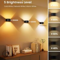 FULEN Motion Sensor Wall Light with Remote Control 3 Colors Wireless Wall Lamp LED Indoor Up and Down Wall Sconce 5000mAh Rechargeable Battery Powered Wall Lamps Brightness Adjustable, Black 2 Pack - Image 6
