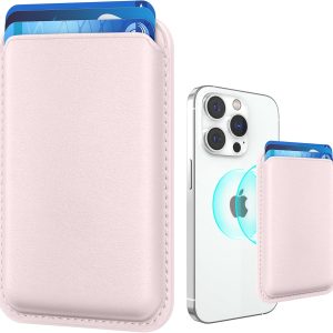 Magnetic Mag-safe Wallet Cell Phone Card Holder for Phone Case with Mag-Safe, Stronger Magnetic RFID Leather Phone Wallet Stick on Series of iPhone 15/14/13/12 and Pro/Promax, Light Pink
