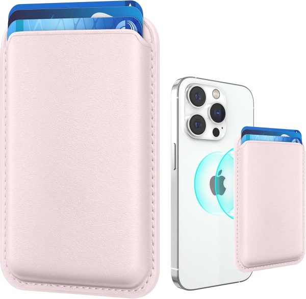 Magnetic Mag-safe Wallet Cell Phone Card Holder for Phone Case with Mag-Safe, Stronger Magnetic RFID Leather Phone Wallet Stick on Series of iPhone 15/14/13/12 and Pro/Promax, Light Pink