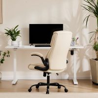 Sweetcrispy Ergonomic Office Chair Heavy Duty Task Desk Chair with Flip-up Arms, PU Leather, Adjustable Swivel Rolling Chair with Wheels, Beige - Image 7