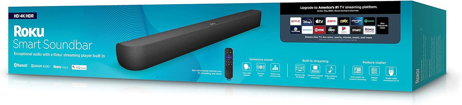 Roku Smart Soundbar, 4K/HD/HDR Streaming Media Player & Exceptional Audio Includes Roku Voice Remote (Renewed)