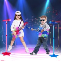 Guitar and Microphone Play Set for Girls,Karaoke Machine with Music&Light,Microphone Toys with Stand,Adjustable Height Guitar Toys for Kids,Toddlers,Child(Red) - Image 6