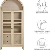 Modway Nolan Modern Farmhouse 71 Inch Tall Arched Storage Display Cabinet in Light Oak Wood Grain - 4-Tier Bookcase with Glass Doors and Shelves - Arch Accent Cabinet for Living Room - Image 4