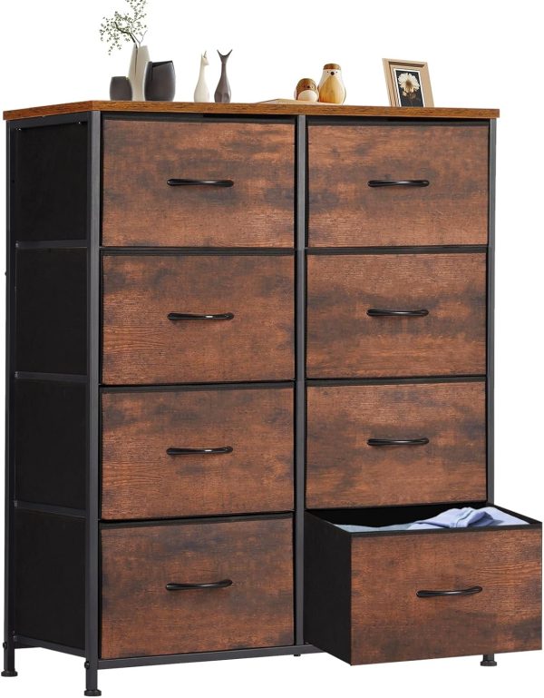Sweetcrispy Dresser for Bedroom with 8 Storage Drawers, Large Fabric Storage Tower Organizer, Chest of Drawers with Metal Frame Wooden Top for Nursery, Closet, Living Room, Entryway, Rust Brown