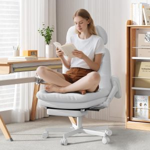 Criss Cross Chair with Wheels & Flip-up Arms, Executive Office Chair with Foot Rest, Swivel Cross Legged Office Chair, Corduroy Fabric Comfy Computer Desk Chair, Vanity Chair for Home, White