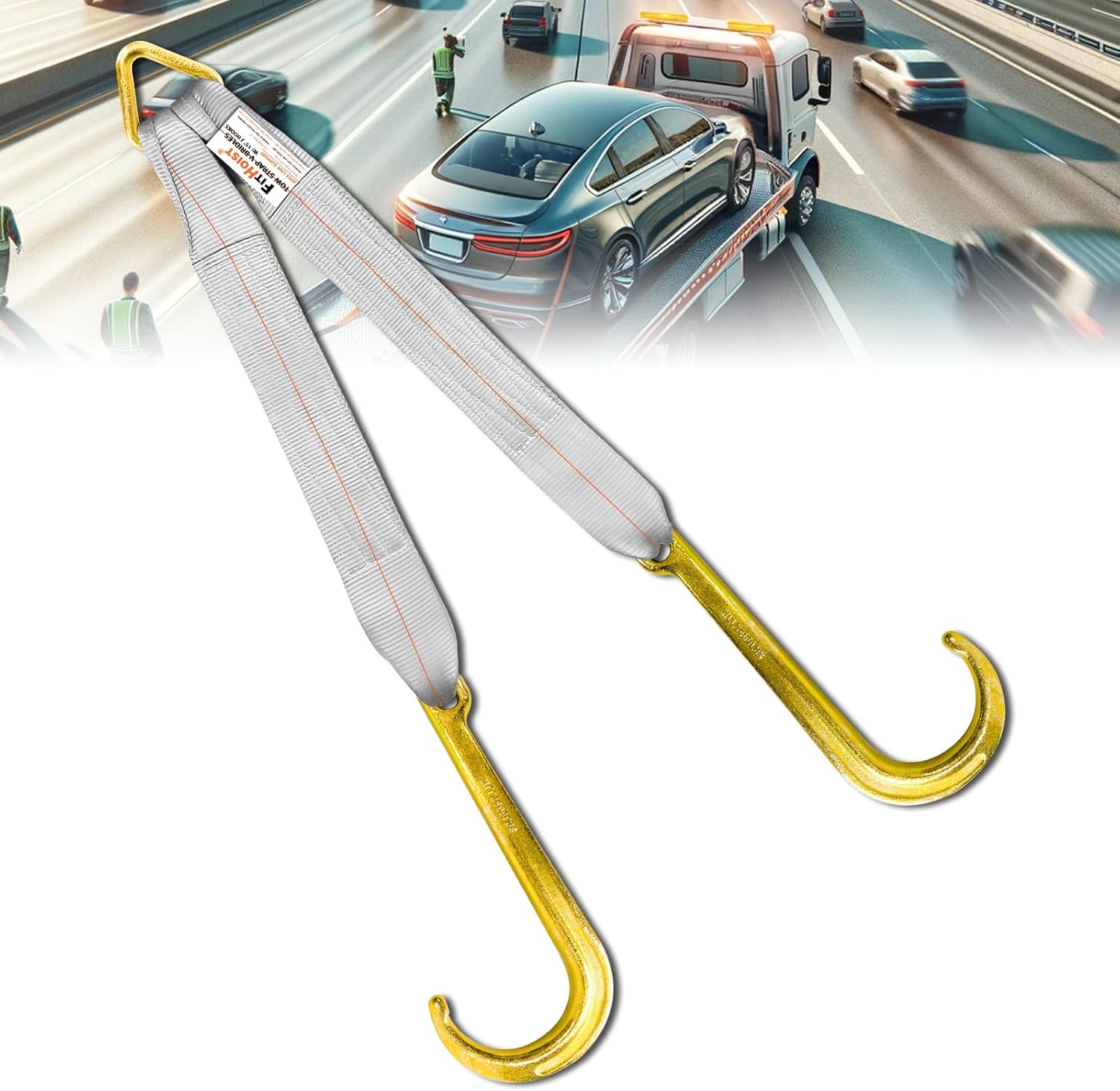 Tow Straps V Bridle w/ 15” J Hooks | 3″ x 24” Recovery V Strap for Car Hauler, Wrecker Rollback | 5400 lbs Working Load | Heavy Duty Tow Straps with Hooks for Towing and Recovery