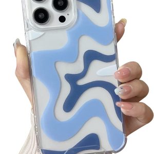 Compatible with iPhone 14 / iPhone 13 Phone Case, Cute Art Wavy Painted for Women Girls, Soft TPU Edge PC Back Protective Shockproof Phone Case-Blue (iPhone 14 / iPhone 13)