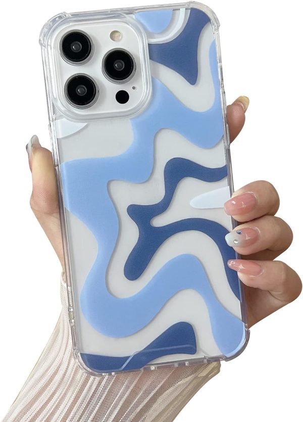 Compatible with iPhone 14 / iPhone 13 Phone Case, Cute Art Wavy Painted for Women Girls, Soft TPU Edge PC Back Protective Shockproof Phone Case-Blue (iPhone 14 / iPhone 13)