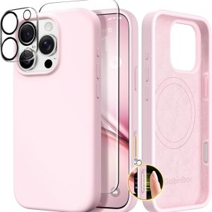 GolbinBox Magnetic for iPhone 16 Pro Max Case, Compatible with MagSafe, Screen Protector + Camera Lens Protector, Liquid Silicone Shockproof Protective Phone Case for iPhone 16 Pro Max, Chalk Pink