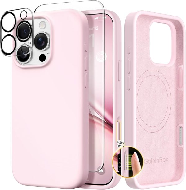 GolbinBox Magnetic for iPhone 16 Pro Max Case, Compatible with MagSafe, Screen Protector + Camera Lens Protector, Liquid Silicone Shockproof Protective Phone Case for iPhone 16 Pro Max, Chalk Pink