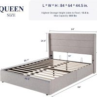 Allewie Queen Size Lift Up Storage Bed, Modern Wingback Headboard, Hydraulic Support, No Box Spring Needed, Light Beige - Image 2