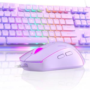 Camiysn Creamy Gaming Keyboard and Mouse, Purple 104 Keys RGB and 6 Speed RGB Mouse Combo, Pudding Keycaps Silent Computer Keyboard for Computer/PC/Laptop/Mac/Windows/Office
