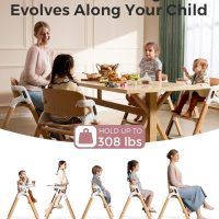 Momcozy DinerPal Wooden High Chair for Babies, Toddlers & Adults Up to 308 Lbs, Convertible Baby Highchair with Food-Grade Tray, Dishwasher-Safe, Adjustable & Ergonomic, Natural Wood - Image 2