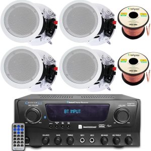 Home Theater Sound System Kit - 1000 Watts Bluetooth Amplifier w/ 4 QTY of 8" Framed Ceiling Speakers 300 W Each, 100 ft Speaker Wire & Remote Perfect for Home, Office,Bar, Restaurant by Technical Pro