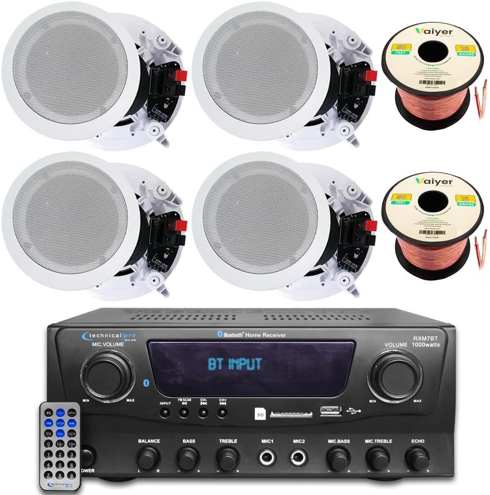 Home Theater Sound System Kit – 1000 Watts Bluetooth Amplifier w/ 4 QTY of 8″ Framed Ceiling Speakers 300 W Each, 100 ft Speaker Wire & Remote Perfect for Home, Office,Bar, Restaurant by Technical Pro