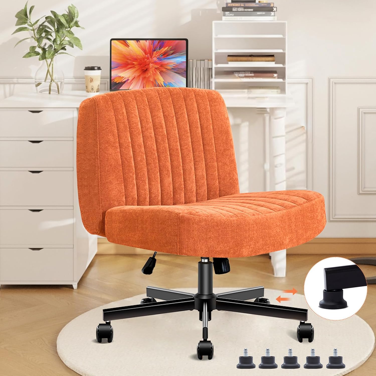 Convertible Base Criss Cross Chair with Pocket Springs & Thicker and Wider Cushions, Armless Legged Office Chair Relieves Back Pain, Swivel Vanity Chair for Living Room/Office, (Orange)
