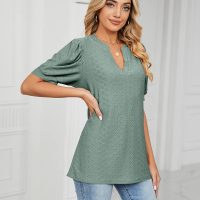 Women’s Casual V Neck Eyelet Blouse Puff Sleeve Loose Fit Summer Tshirt Top Business Wear - Image 7
