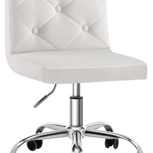 VECELO PU Leather Mid-Back Armless Vanity Chair Adjustable Height 360° Rolling Swivel for Home Office Work, White