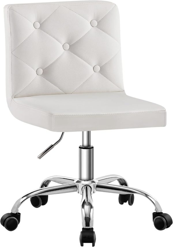 VECELO PU Leather Mid-Back Armless Vanity Chair Adjustable Height 360° Rolling Swivel for Home Office Work, White