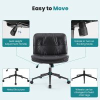 OLIXIS Criss Cross Chair with Wheels, Legged Home Office PU Leather Wide Armless Desk Seat, Rolling Adjustable Swivel Ergonomic Comfy Vanity Seating - Image 6