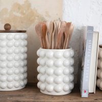 Creative Co-Op 5.75 Inches Round Stoneware Canister with Raised Dots and Acacia Wood Lid, White and Natural - Image 8